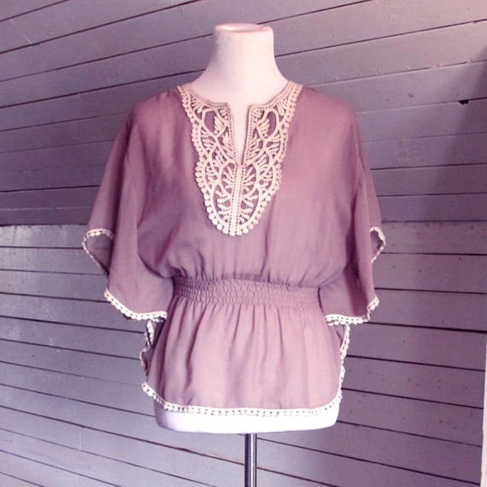 90s Sheer Butterfly Crimson with Lace- Size Small